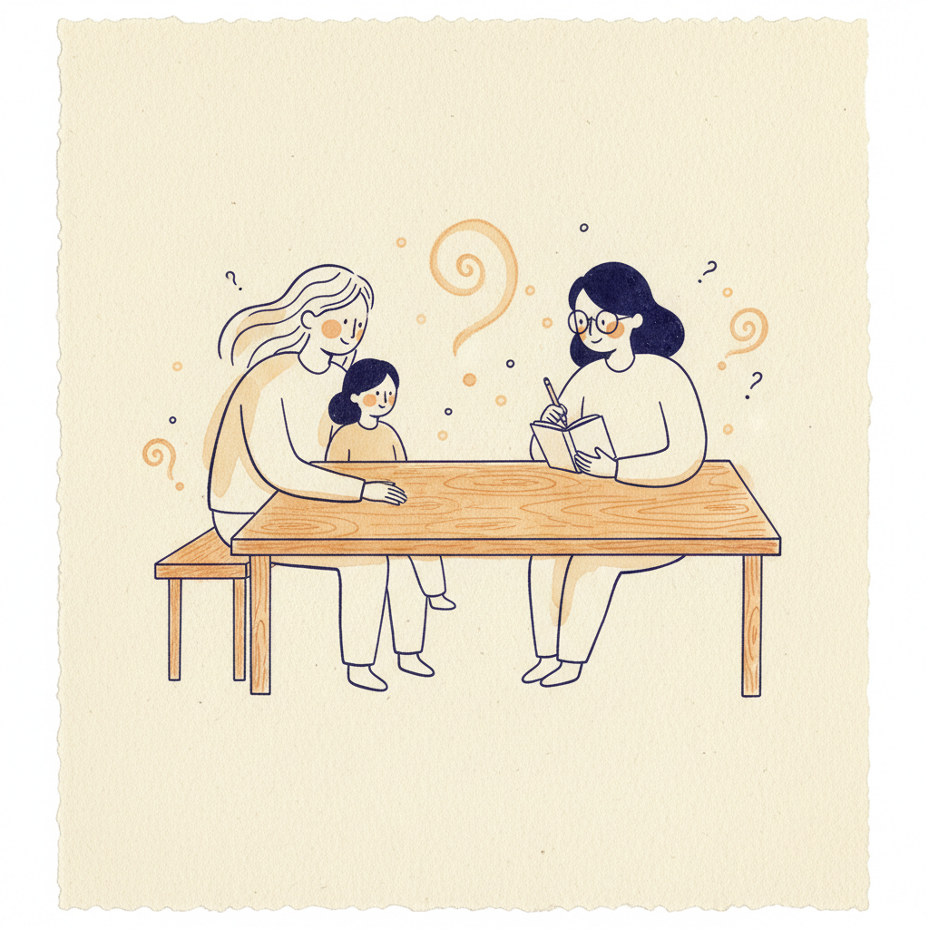A parent and child in a calm conversation with a specialist holding a small notebook