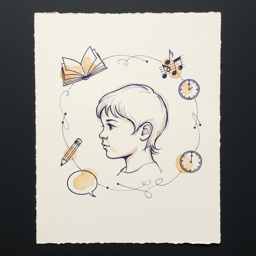 A child's profile surrounded by a gentle constellation of symbols representing the different skill areas examined in an assessment