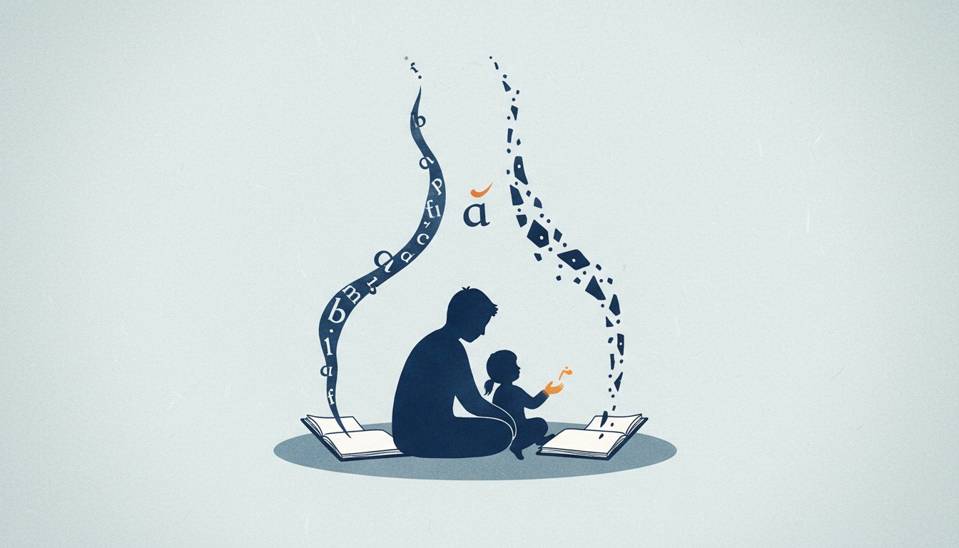 A parent and child seated between two open books with two streams of letter marks flowing in the air, one smooth and one fragmented