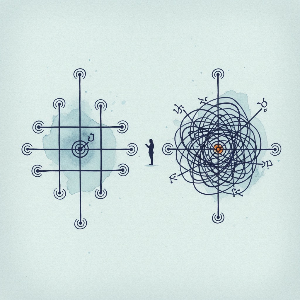 A split conceptual composition: a neat lattice of letters on one side and a tangled knot on the other, a small reader figure standing between them