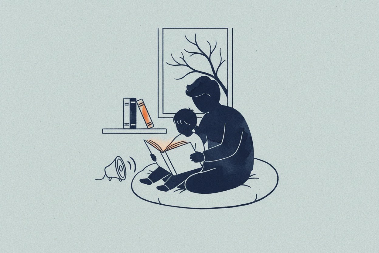 An evening home scene with a parent and child reading together, an audiobook speaker beside them and two books from different languages on a shelf