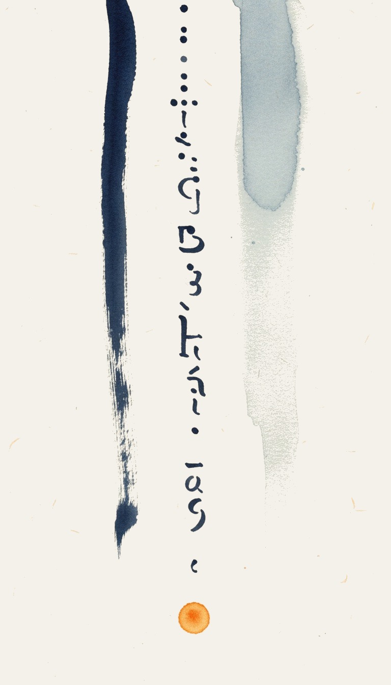 Three parallel vertical brush strokes — solid ink, dotted letterforms, dispersing watercolor — converging on a small warm orange droplet