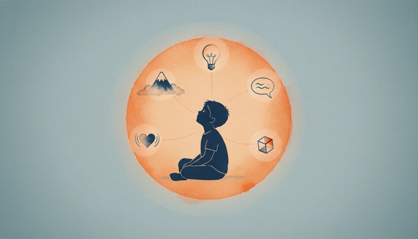 Sumi-e illustration of a child sitting cross-legged inside a soft orange watercolor halo, surrounded by five symbolic icons of dyslexic strengths