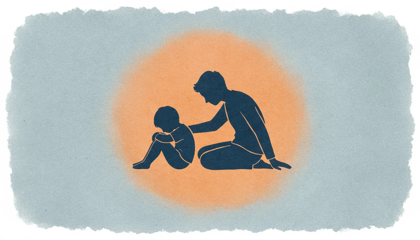 Ilustración sumi-e de un niño sentado con las rodillas pegadas y la cabeza apoyada en ellas, junto a una figura adulta sentada a su lado con una mano cerca de su espalda, rodeados por un halo cálido naranja