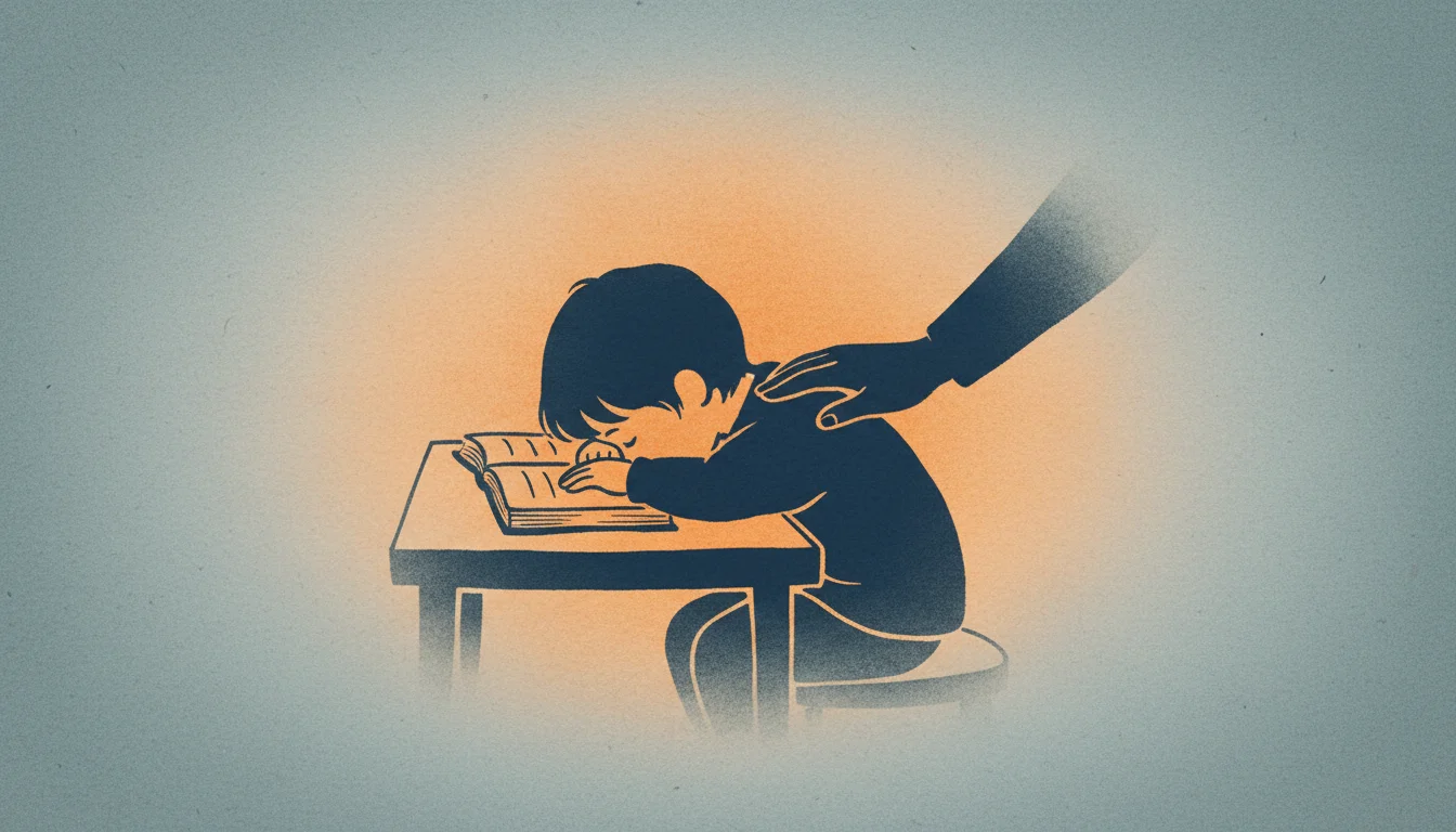 Sumi-e Illustration eines Kindes, das den Kopf auf einem Buch an einem kleinen Tisch ablegt, und eine Hand des Elternteils, die sanft auf seiner Schulter ruht, umgeben von einem warmen orangefarbenen Abendlicht Halo