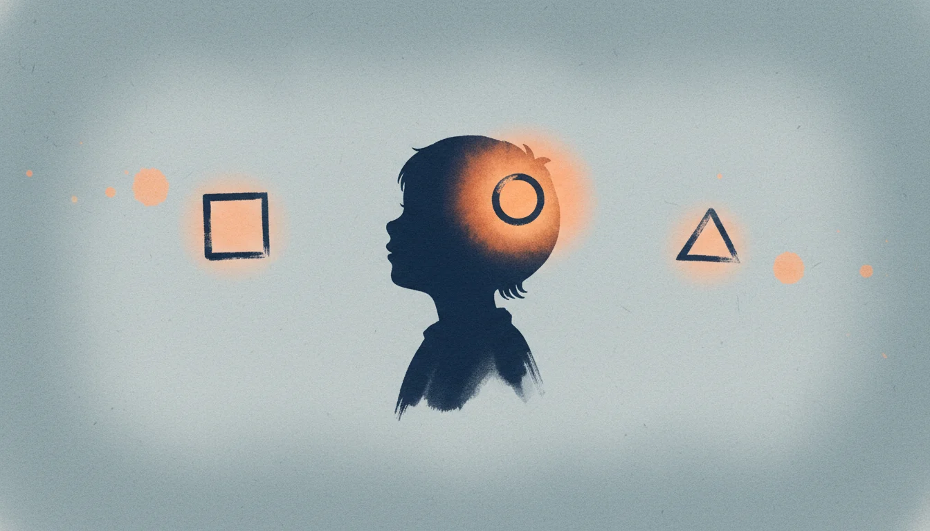 Sumi-e illustration of a child silhouette with three small symbols floating near the head, one held inside a warm orange watercolor halo and two drifting away at the edges