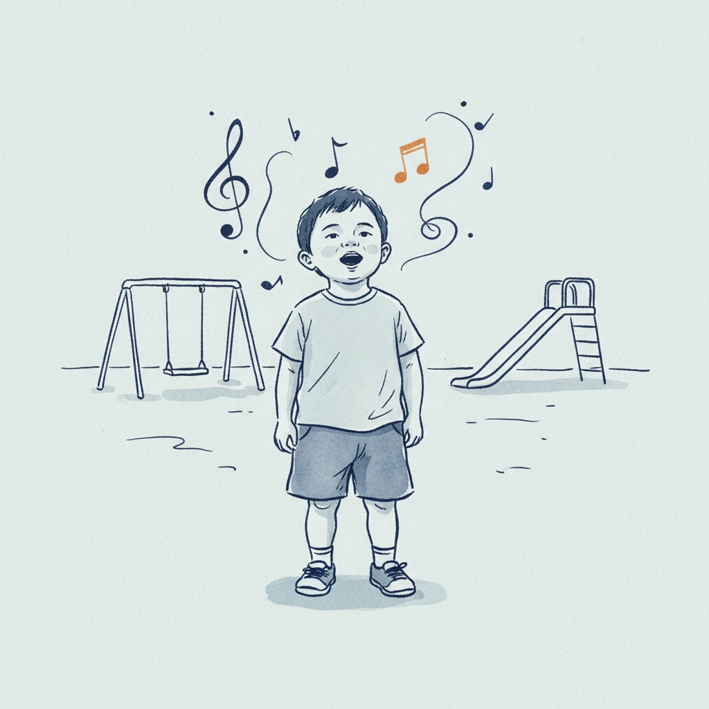 A young child singing a rhyme at a playground, musical notes drifting around their head