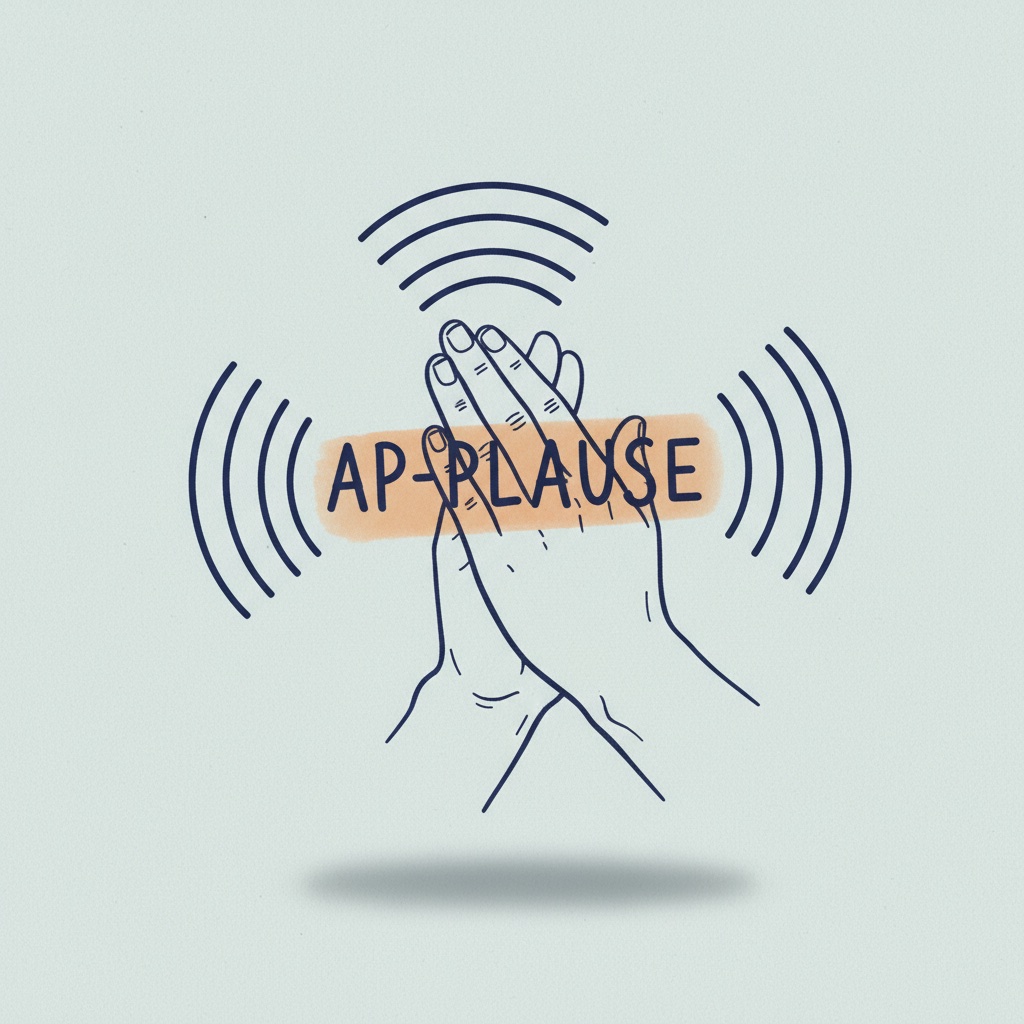 A pair of hands clapping, sound waves radiating outward, a short word broken into syllables