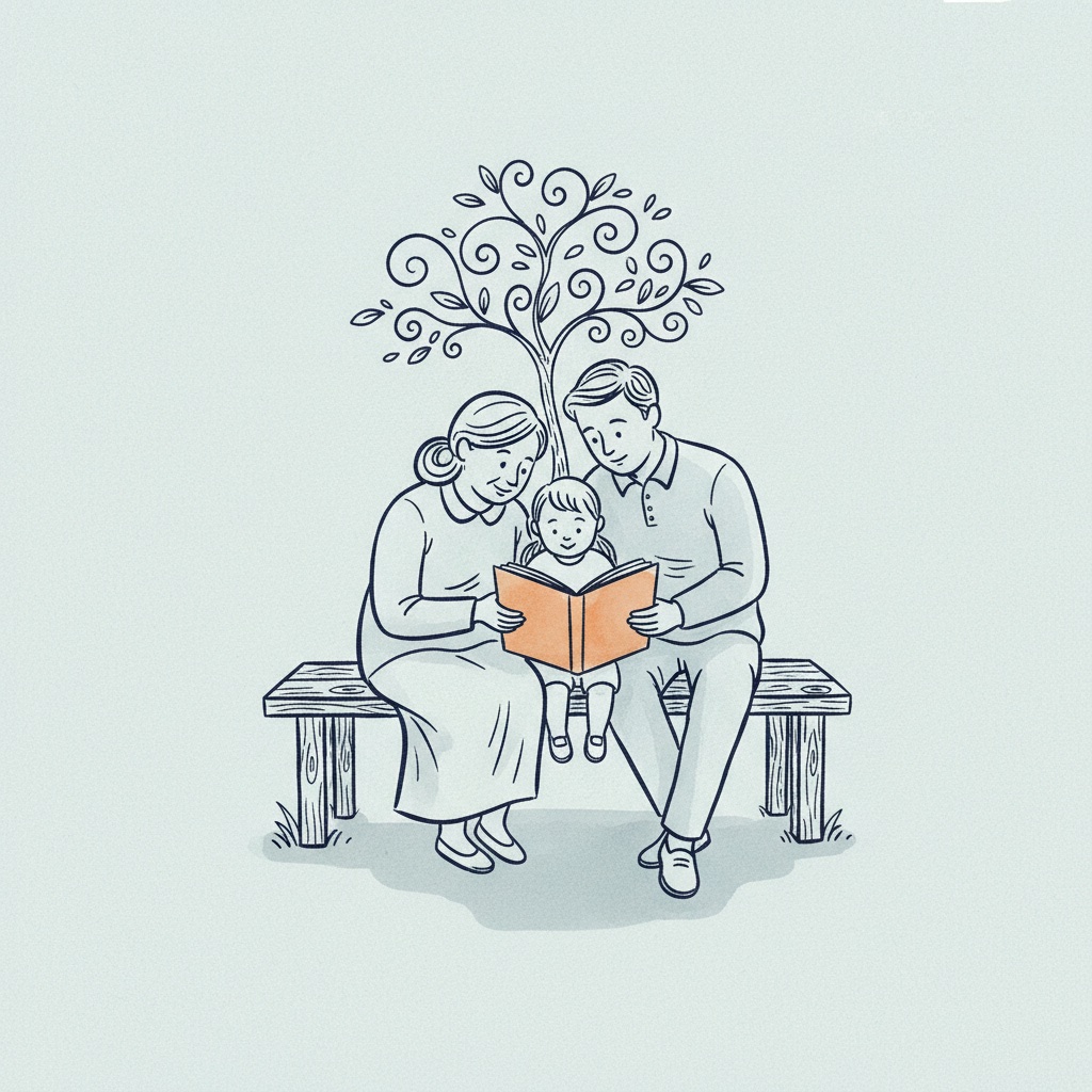 Three family members sharing a single open book on a bench under a small tree