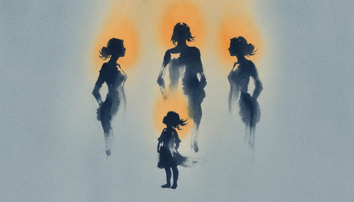 La silueta de un niño en primer plano, detrás tres siluetas de adultos mirando en diferentes direcciones, suavemente iluminadas con luz dorada, pintadas en estilo sumi-e sobre papel azul-gris frío