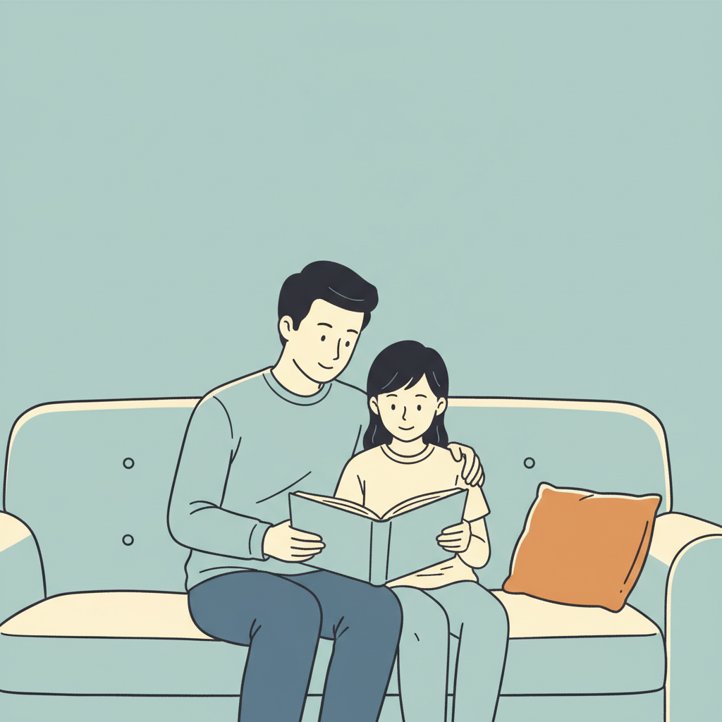 A parent and child reading a book together on a sofa