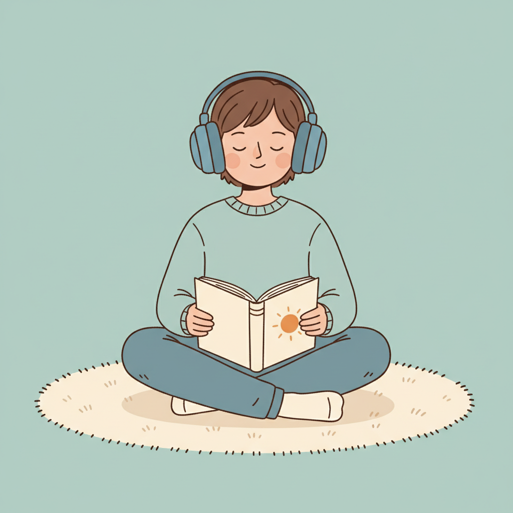 A child listening to an audiobook with headphones