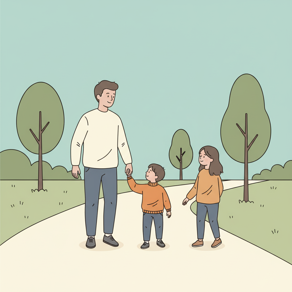 A parent walking in a park with two siblings