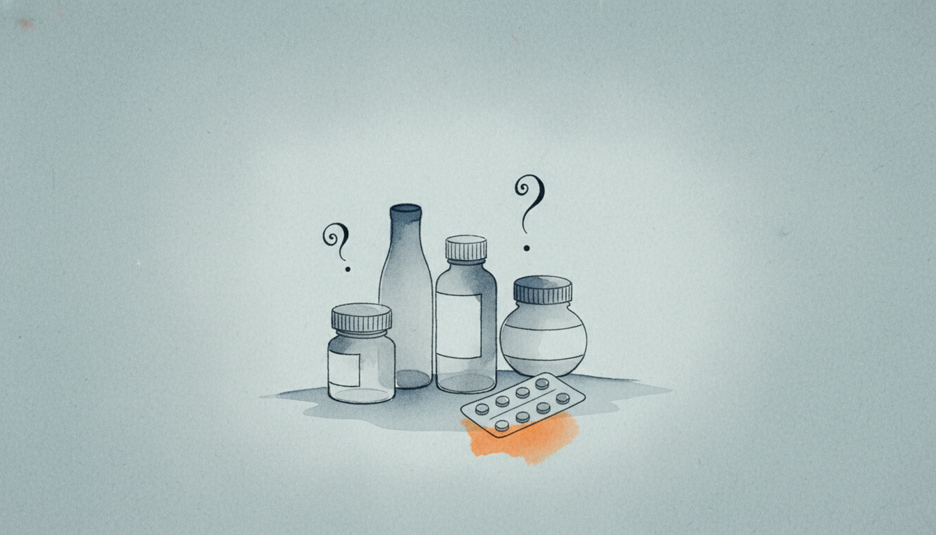 Sumi-e on blue-gray paper: several different supplement bottles and pills with faint question marks above them