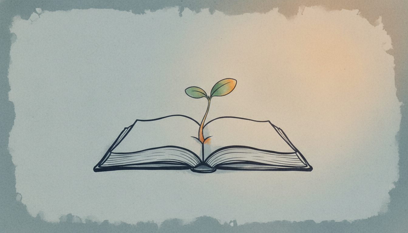 Sumi-e on blue-gray paper: a small sprout growing from the pages of an open book toward soft light