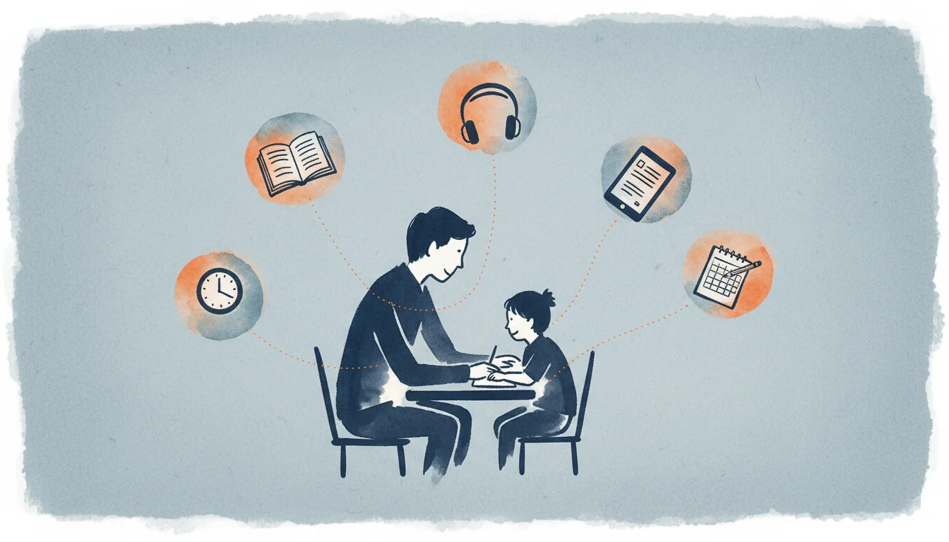 Silhouette of a parent and child sitting at a kitchen table, surrounded by symbolic objects representing reading tools: book, headphones, tablet, pencil, and clock