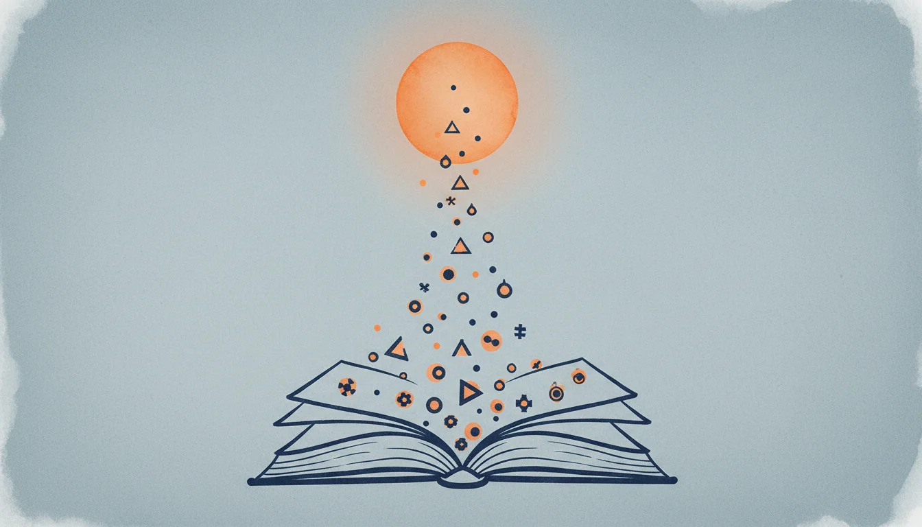 Sumi-e illustration of small geometric shapes rising from the pages of an open book and merging into a warm orange watercolor halo above the page