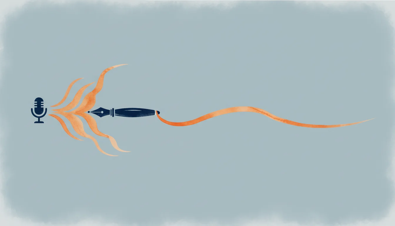 Sumi-e illustration of warm orange sound waves flowing from a microphone left to right, transforming into a fountain pen tip that leaves a flowing orange ribbon trail