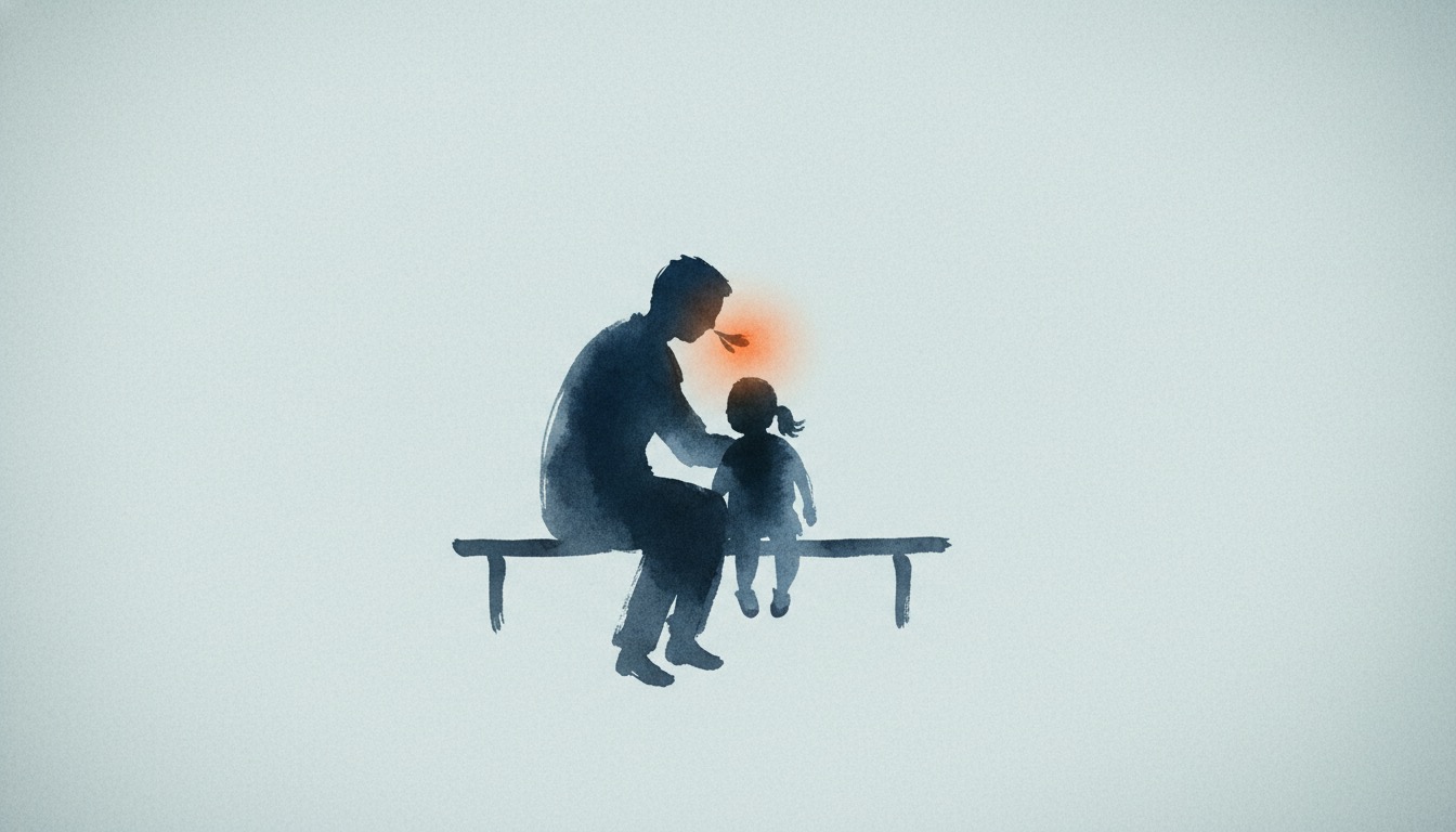 A parent and child sitting side by side on a bench in a quiet conversation