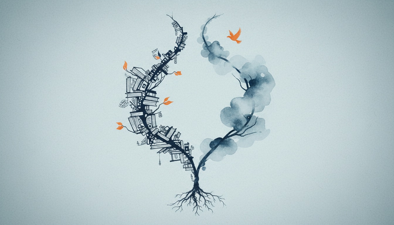 Two parallel branches growing from a single root, the left rendered in flowing ink lines and the right in airy watercolor washes, balanced together in negative space