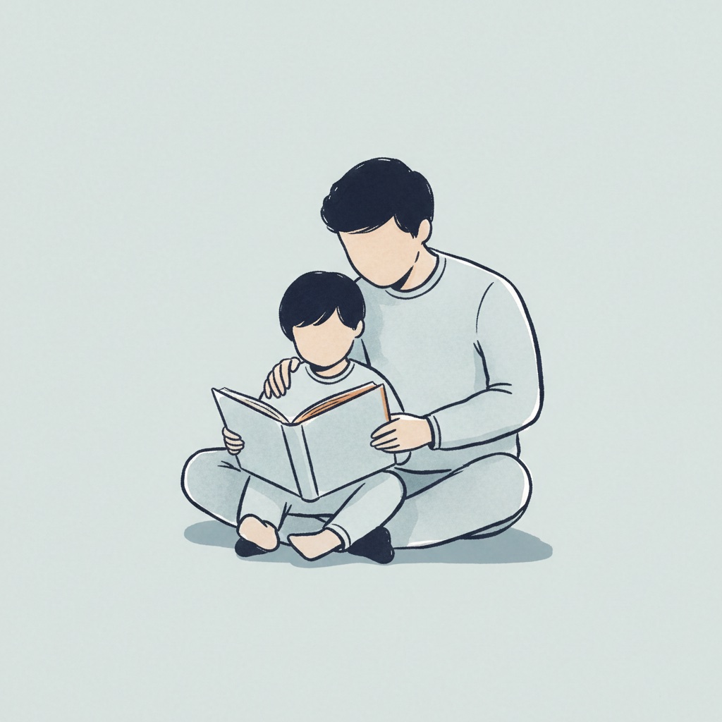 Ein Elternteil und ein Kind teilen ruhig ein offenes Buch